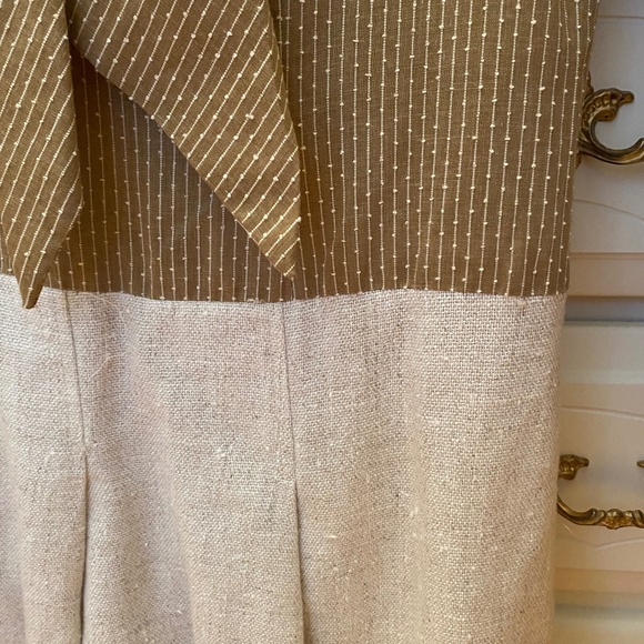60s/70s Size S Mini Dress Neck Tie Linen Skirt Gold Beige Bodice - Picture 9 of 16